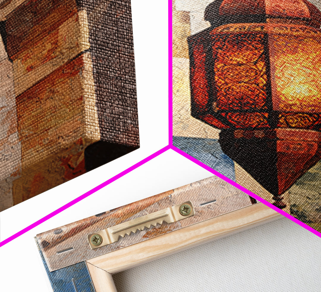 Moroccan Influenced Lantern Framed Canvas Print, Mediterranean Art, Textured Painting, Living Room Decor, Abstract Art, Azure, MAR-2x3-41
