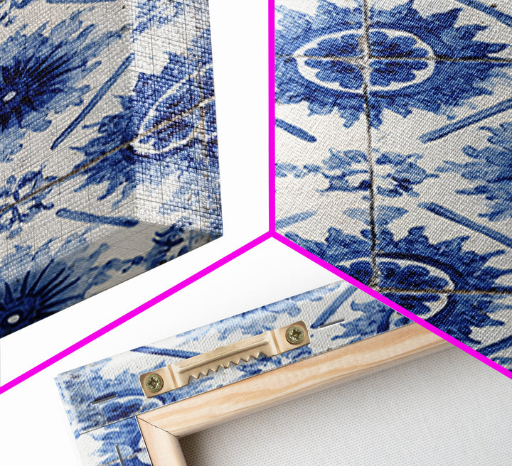 Blue and White Tile Pattern Framed Canvas Print, Mediterranean Art, Statement Artwork, Living Room Decor, Fine Art, Azure, MAR-2x3-60