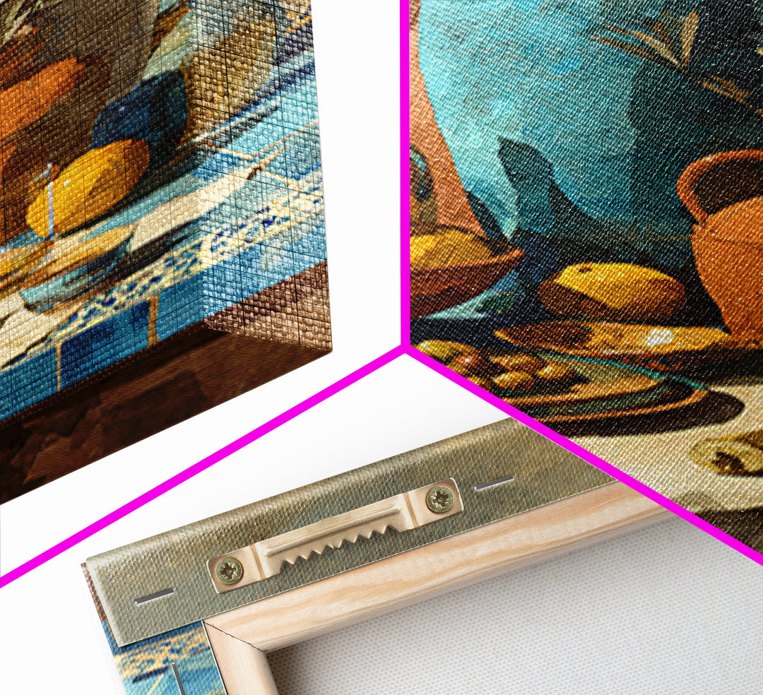 Figs Olives and Cheese Still Life Framed Canvas Print, Mediterranean Art, Gallery Decor, Living Room Decor, Fine Art, Azure, MAR-2x3-64