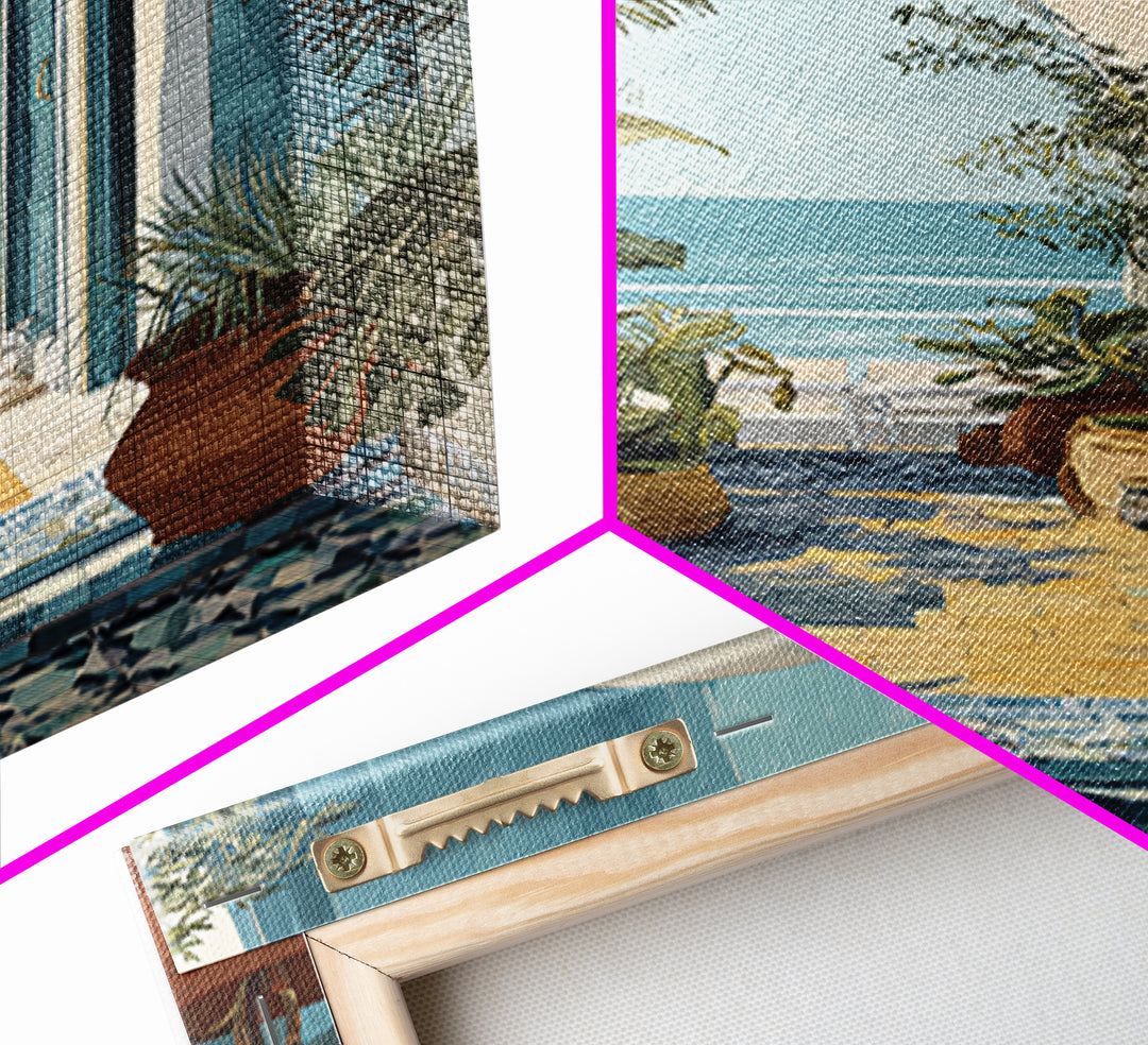 Mediterranean Arch Framing Ocean Horizon Framed Canvas Print, Mediterranean Art, Oil Painting, Living Room Decor, Azure, MAR-2x3-83