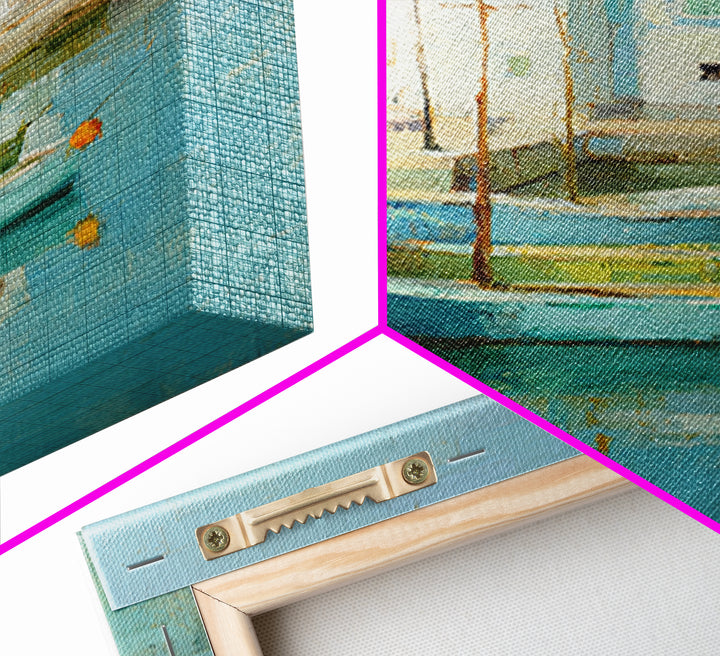 Coastal Fishing Boats Framed Canvas Print, Mediterranean Art, Digital Wall Art, Living Room Decor, Azure, Coastal Wall Art, MAR-2x3-87