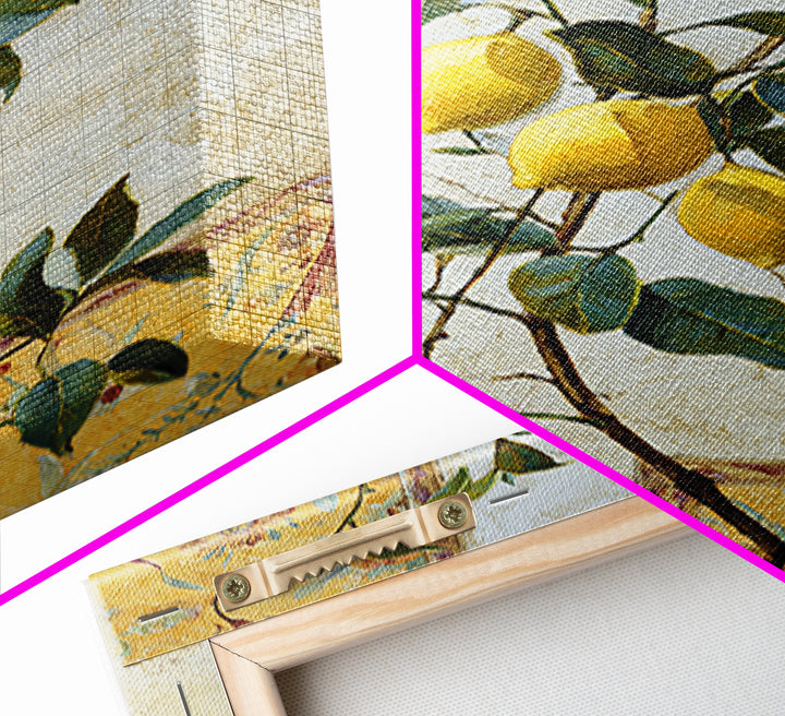 Sicilian Lemon Branch on Ivory Background Framed Canvas Print, Mediterranean Art, Oil Painting, Living Room Decor, MAR-2x3-93