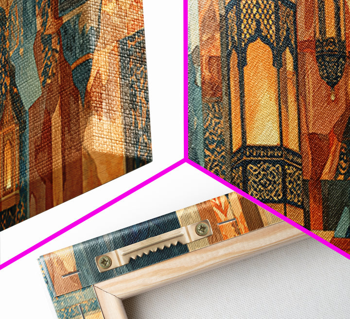 Moroccan Influenced Lantern Framed Canvas Print, Mediterranean Art, Digital Print, Living Room Decor, Fine Art, Azure, MAR-3x1-1