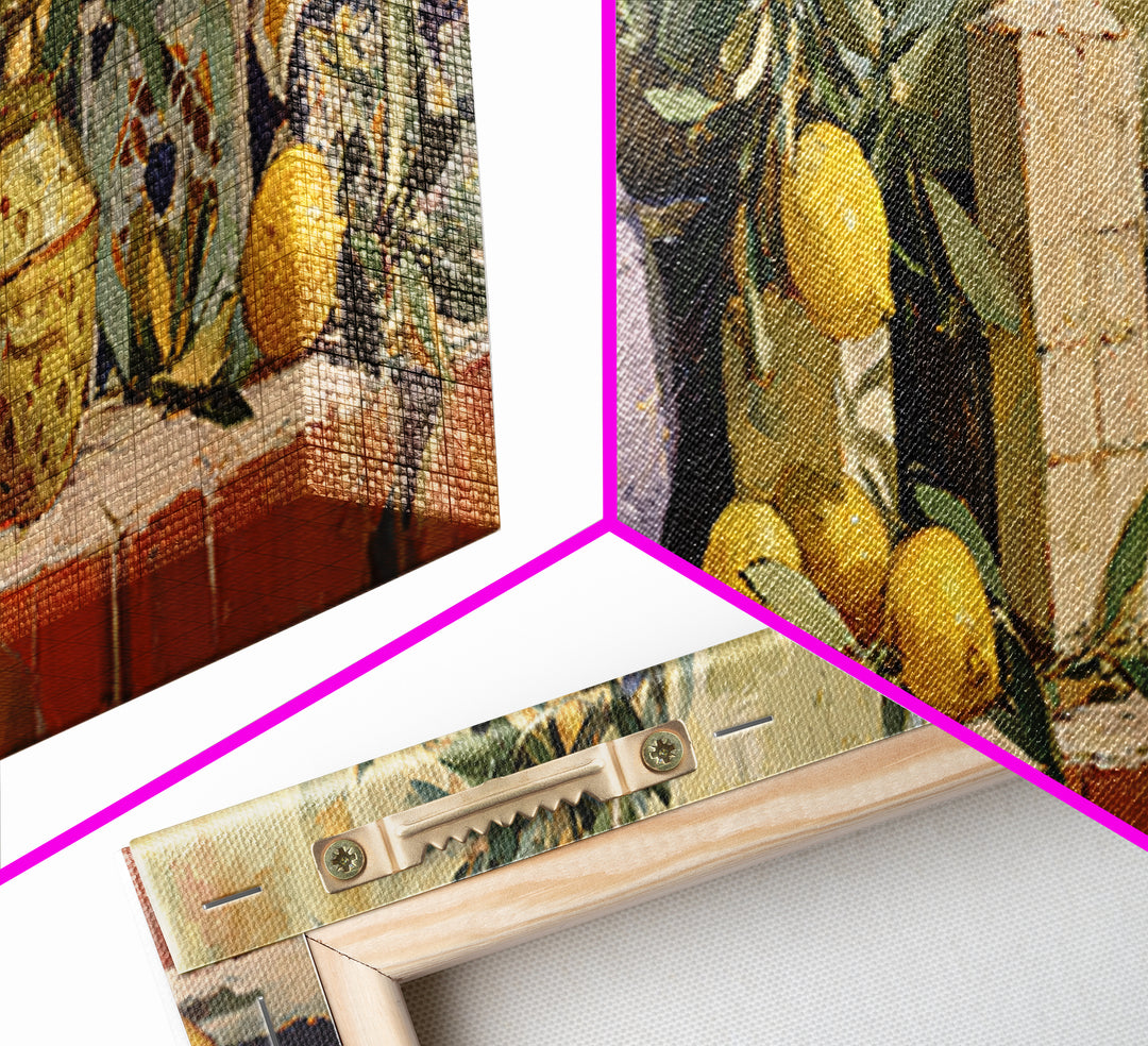 Olive Branch and Lemons on Terracotta Ground Canvas Print, Mediterranean Art, Digital Wall Art, Living Room Decor, Azure, MAR-3x1-18