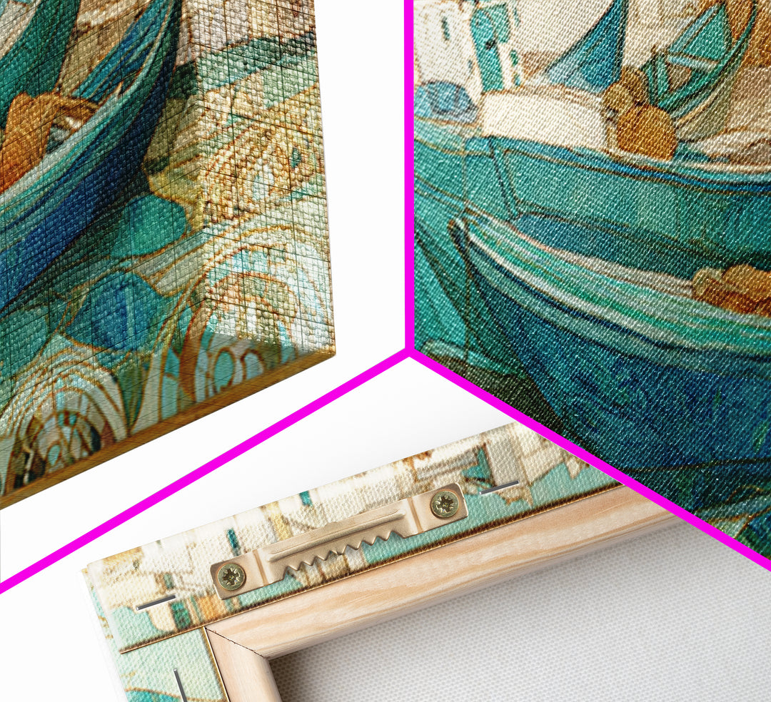 Coastal Fishing Boats Framed Canvas Print, Mediterranean Art, Neutral Decor, Living Room Decor, Fine Art, Azure, Home Decor, MAR-3x1-23