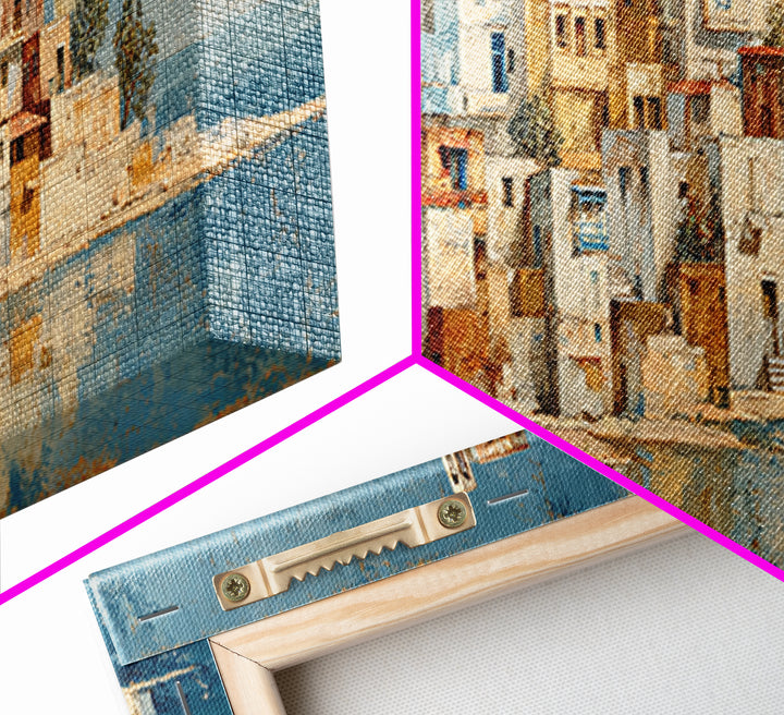 Greek Island White Buildings Above Blue Sea Canvas Print, Mediterranean Art, Coastal Wall Art, Living Room Decor, MAR-3x1-41