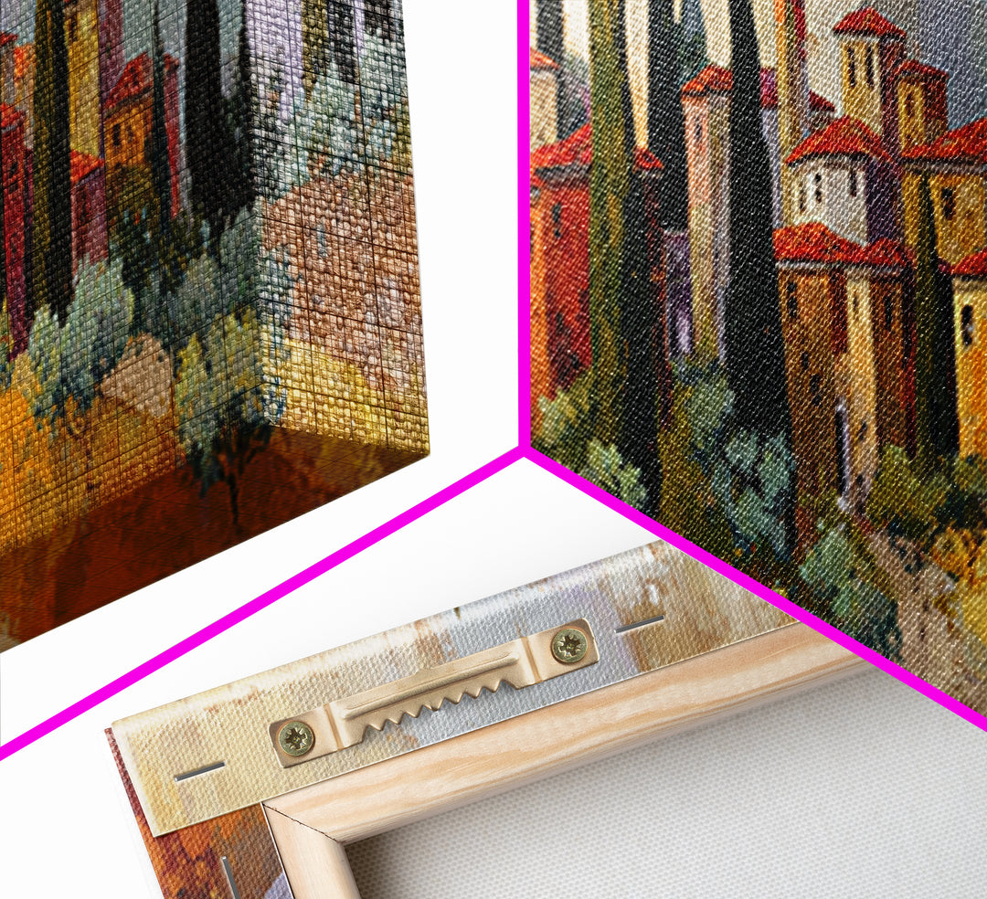 Tuscan Cypress Trees and Golden Hillside Canvas Print, Mediterranean Art, Horizontal Wall Art, Living Room Decor, Azure, MAR-3x1-46