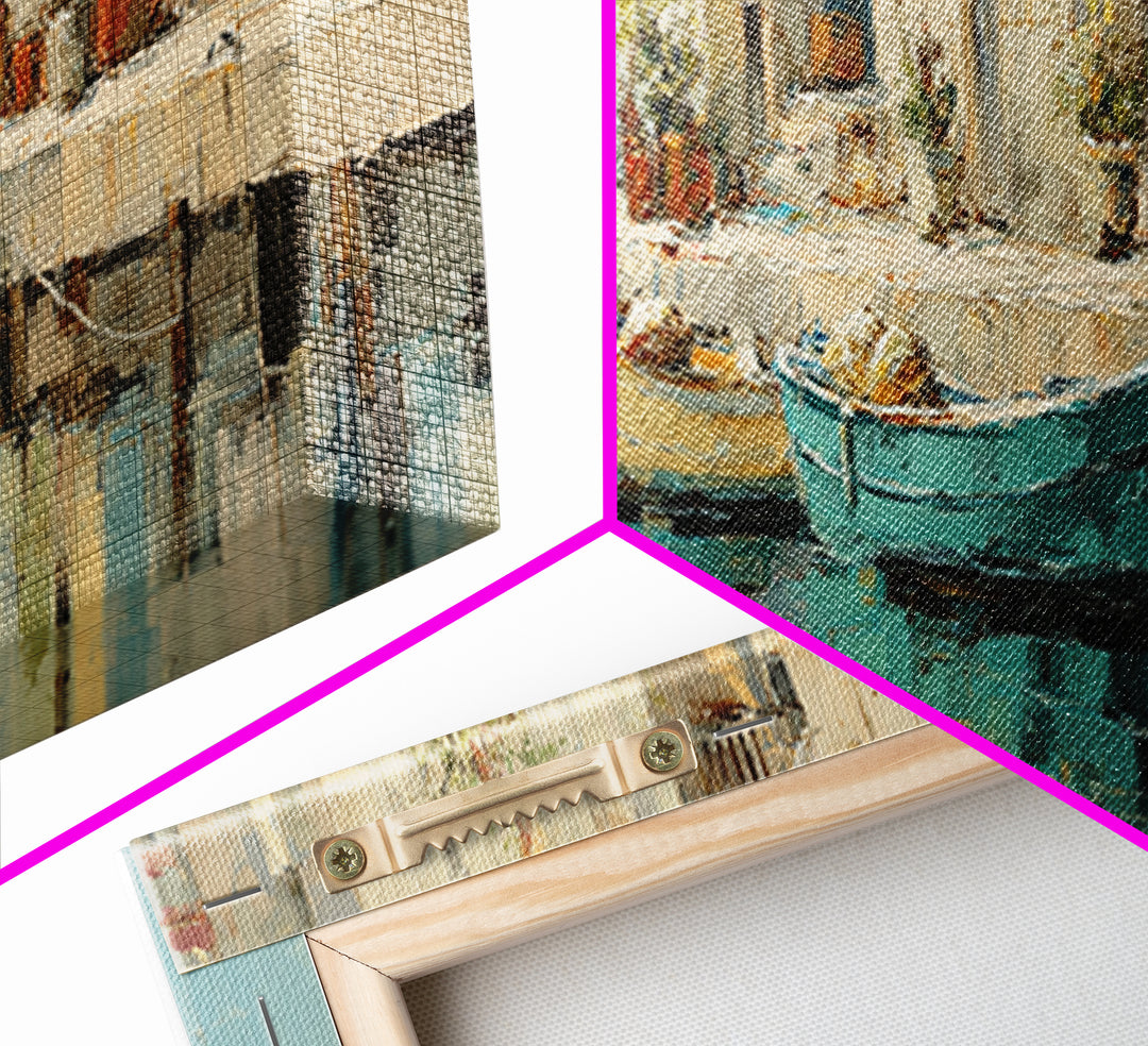 Coastal Fishing Boats Framed Canvas Print, Mediterranean Art, Contemporary Art, Living Room Decor, Oil Painting, Azure, MAR-3x1-47