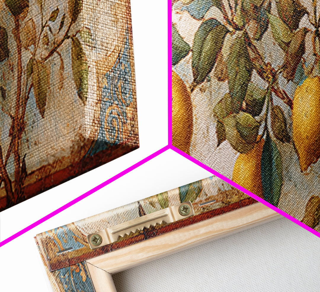 Sicilian Lemon Branch on Ivory Background Canvas Print, Mediterranean Art, Modern Wall Art, Living Room Decor, Azure, MAR-3x1-53