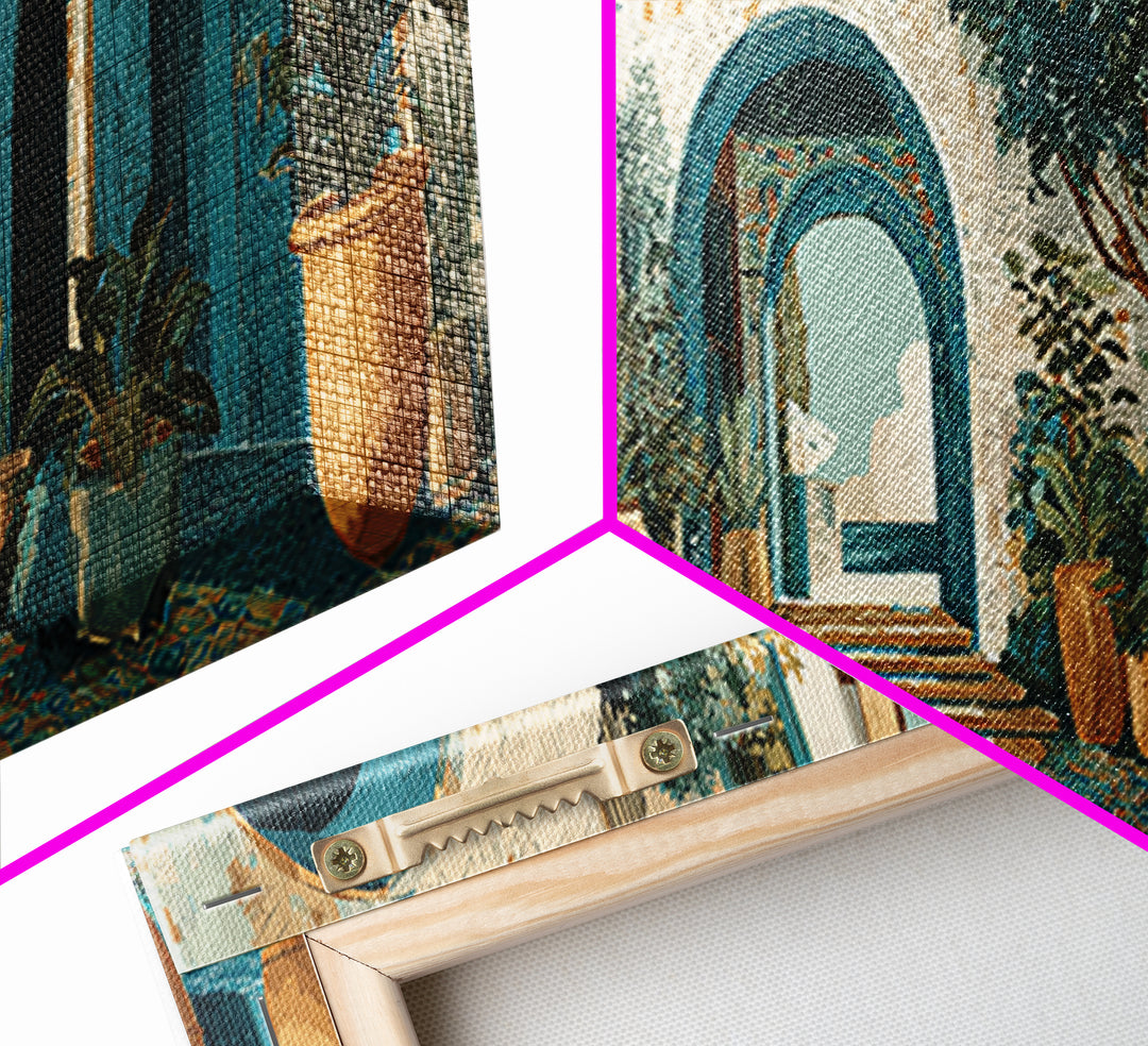 Mediterranean Arch Framing Ocean Horizon Framed Canvas Print, Mediterranean Art, Digital Wall Art, Living Room Decor, Azure, MAR-3x1-67