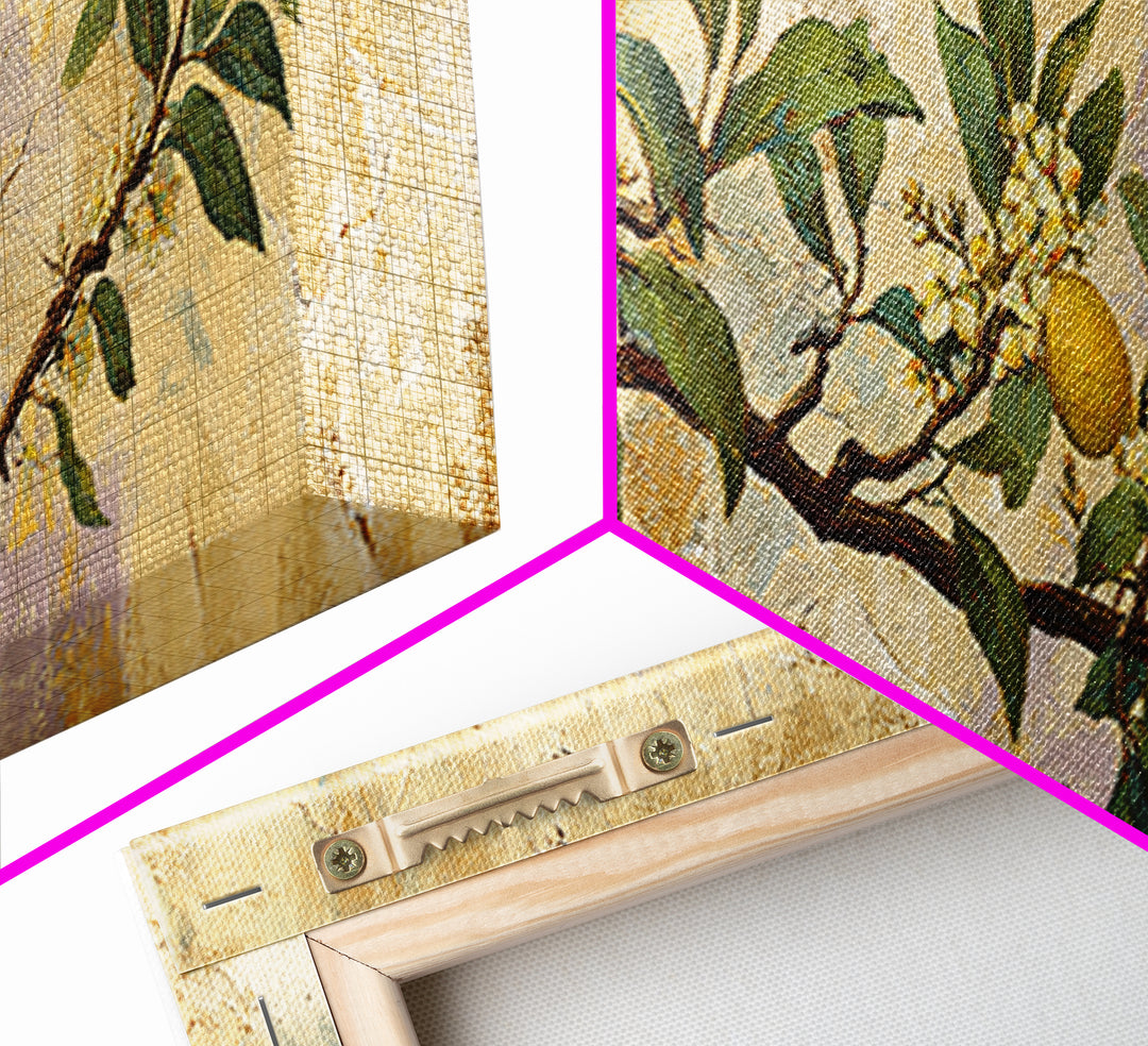 Sicilian Lemon Branch on Ivory Background Canvas Print, Mediterranean Art, Modern Wall Art, Living Room Decor, Azure, MAR-3x1-77