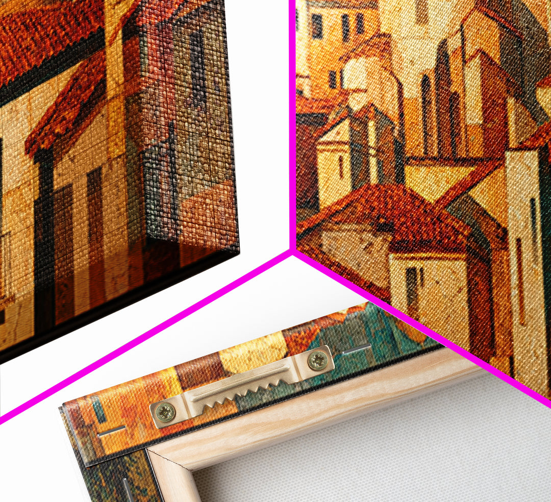 Sunset over Red Tiled Rooftops Framed Canvas Print, Mediterranean Art, Oil Painting, Living Room Decor, Fine Art, Azure, MAR-3x1-87
