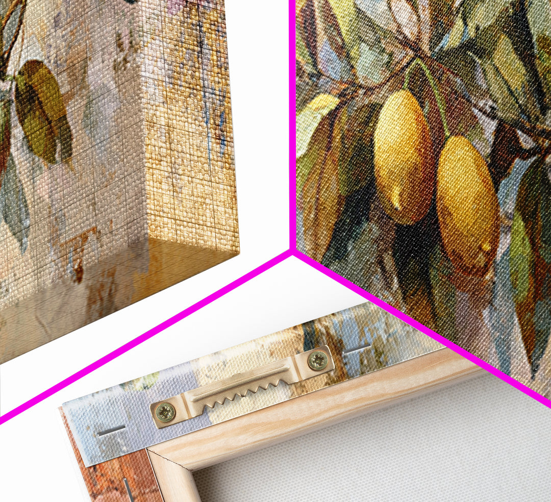 Olive Branch and Lemons on Terracotta Ground Framed Canvas Print, Mediterranean Art, Nautical Decor, Living Room Decor, Azure, MAR-3x1-90