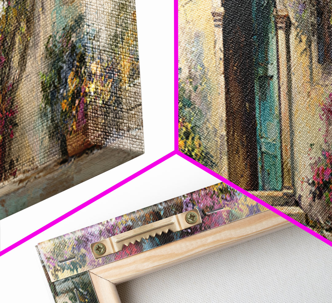 Sunlit Courtyard Doorway Framed Canvas Print, Mediterranean Art, Wall Decor, Living Room Decor, Oil Painting, Azure, MAR-3x1-99