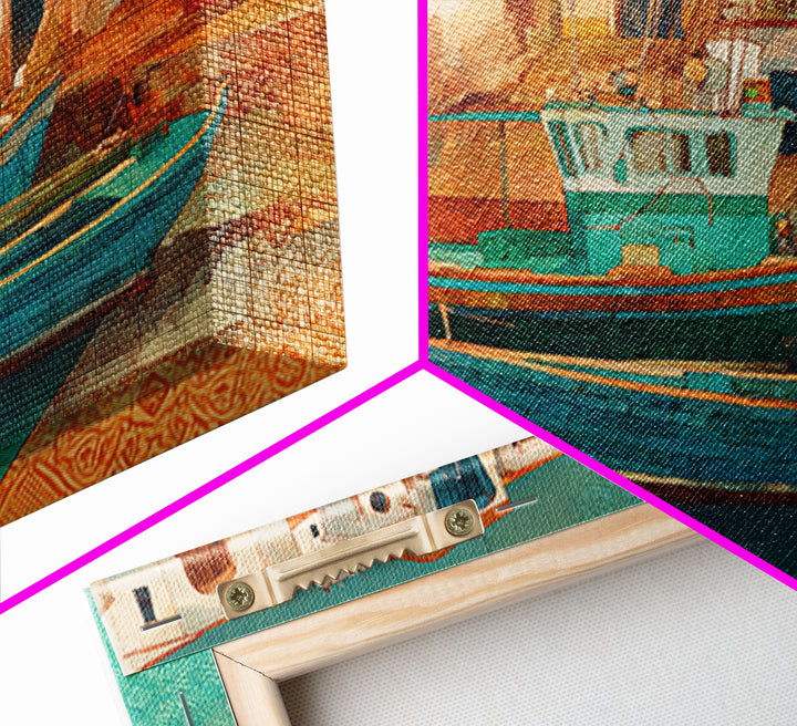 Coastal Fishing Boats Canvas Print, Mediterranean Art, Farmhouse Decor, Living Room Decor, Fine Art, Azure, Landscape Painting, MAR-3x2-11
