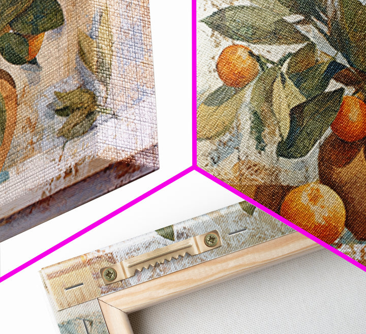 Ceramic Bowl of Oranges and Leaves Framed Canvas Print, Mediterranean Art, Horizontal Wall Art, Living Room Decor, Abstract Art, MAR-3x2-25