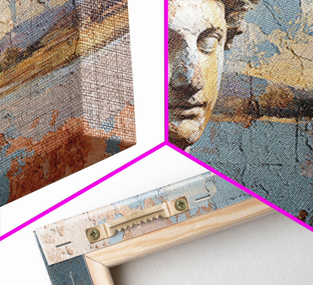 Roman Statue Bust Framed Canvas Print, Mediterranean Art, Farmhouse Decor, Living Room Decor, Oil Painting, Azure, MAR-3x2-50