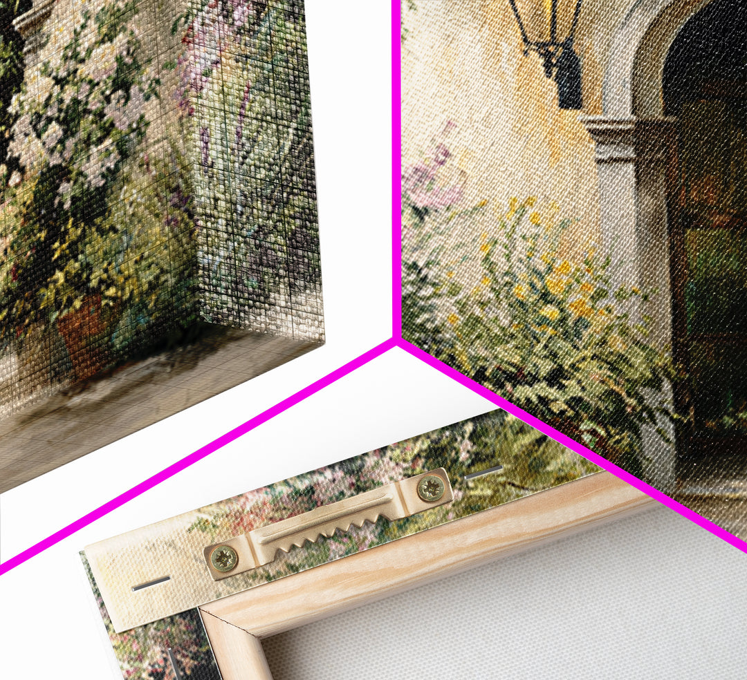 Sunlit Courtyard Doorway Framed Canvas Print, Mediterranean Art, Landscape Painting, Living Room Decor, Fine Art, Azure, MAR-3x2-87
