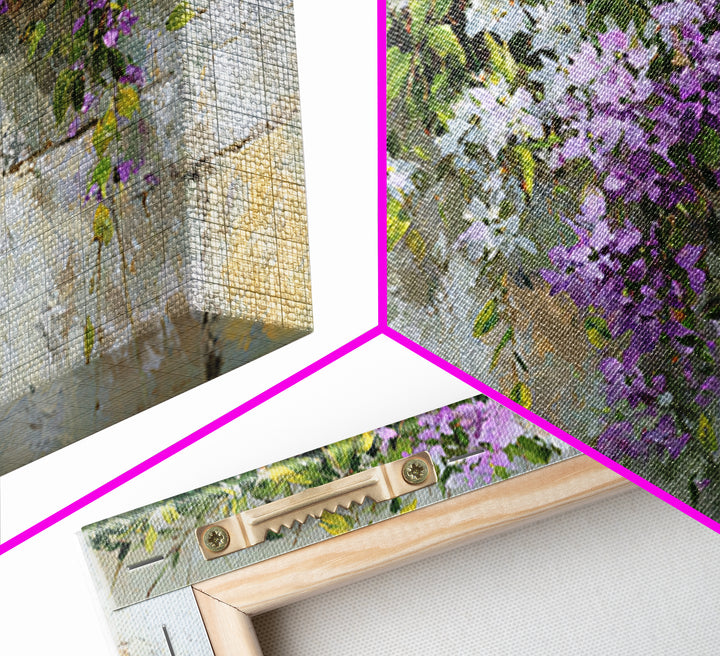 Bougainvillea Cascading over Stone Wall Framed Canvas Print, Mediterranean Art, Digital Print, Living Room Decor, Azure, MAR-3x2-9