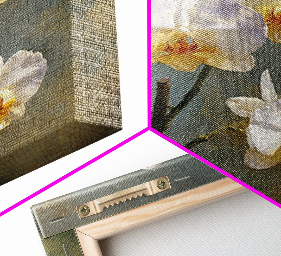 White Orchids Against Warm Gray Background Framed Canvas Print, Master Bedroom, Bedroom Decor, Abstract Art, Sanctuary, MAS-1x1-33