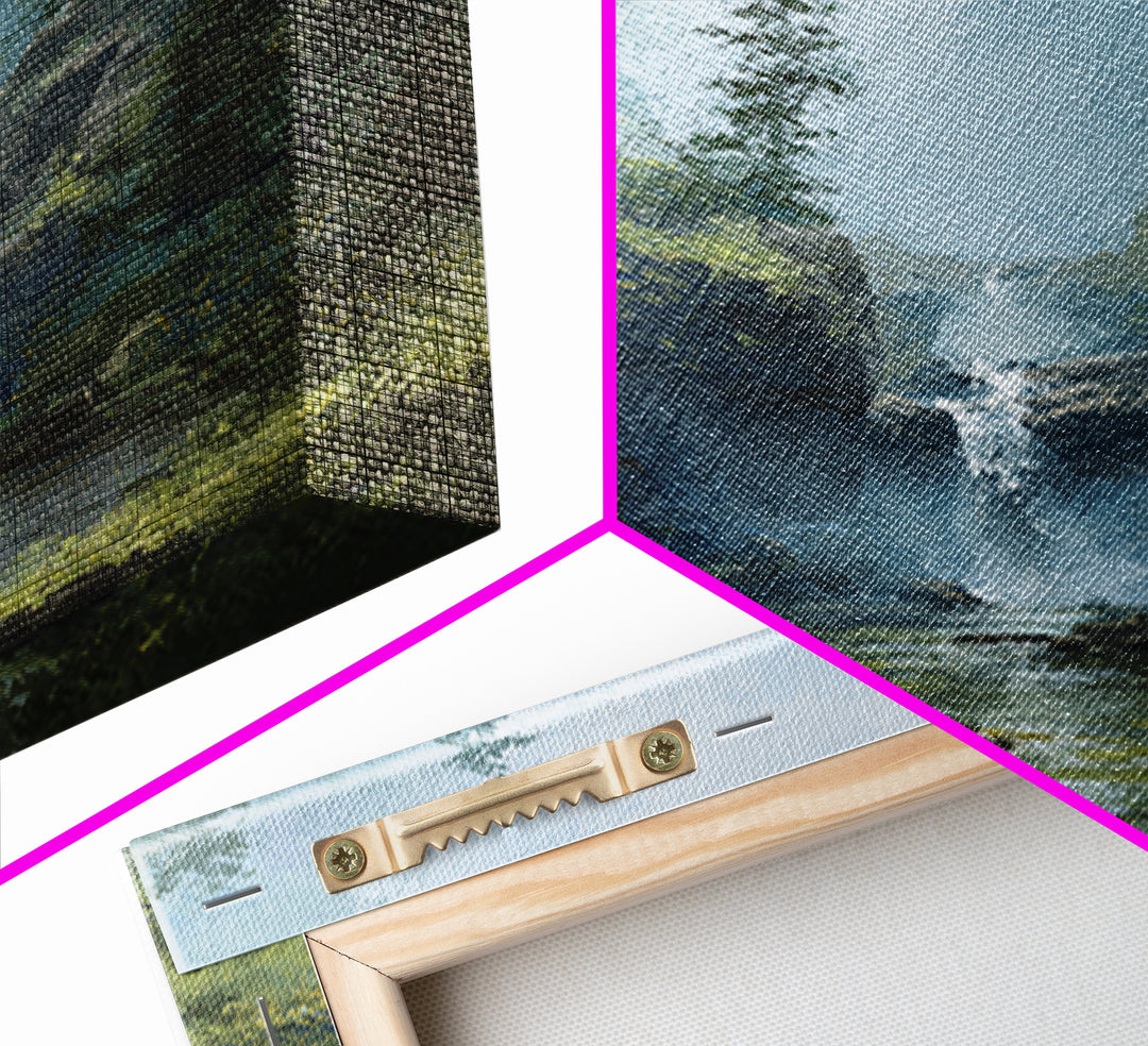 Peaceful Waterfall in Misty Green Forest Framed Canvas Print, Master Bedroom, Modern Decor, Bedroom Decor, Fine Art, Sanctuary, MAS-1x1-67
