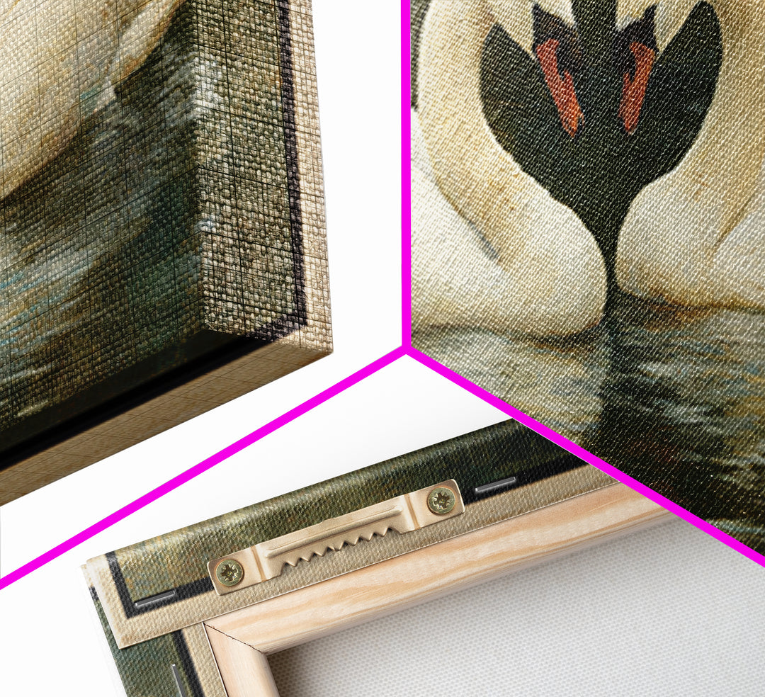 Romantic Swan Pair on Dark Water Framed Canvas Print, Master Bedroom, Wall Art, Bedroom Decor, Oil Painting, Sanctuary, MAS-2x1-35