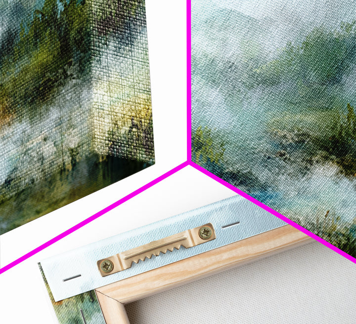 Peaceful Waterfall in Misty Green Forest Canvas Print, Master Bedroom, Minimalist Decor, Bedroom Decor, Oil Painting, Sanctuary, MAS-3x1-35
