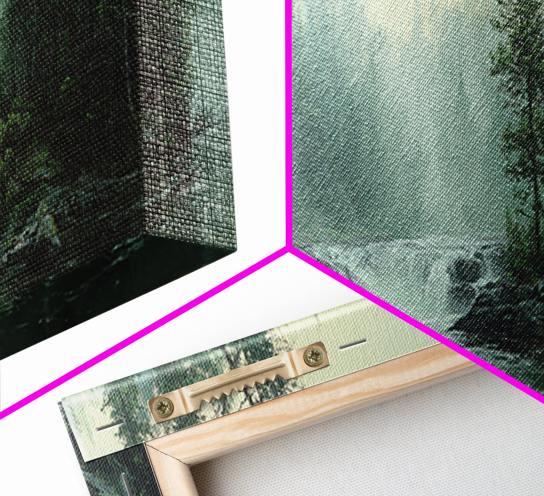 Peaceful Waterfall in Misty Green Forest Framed Canvas Print, Master Bedroom, Printable Wall Art, Bedroom Decor, Sanctuary, MAS-3x1-59