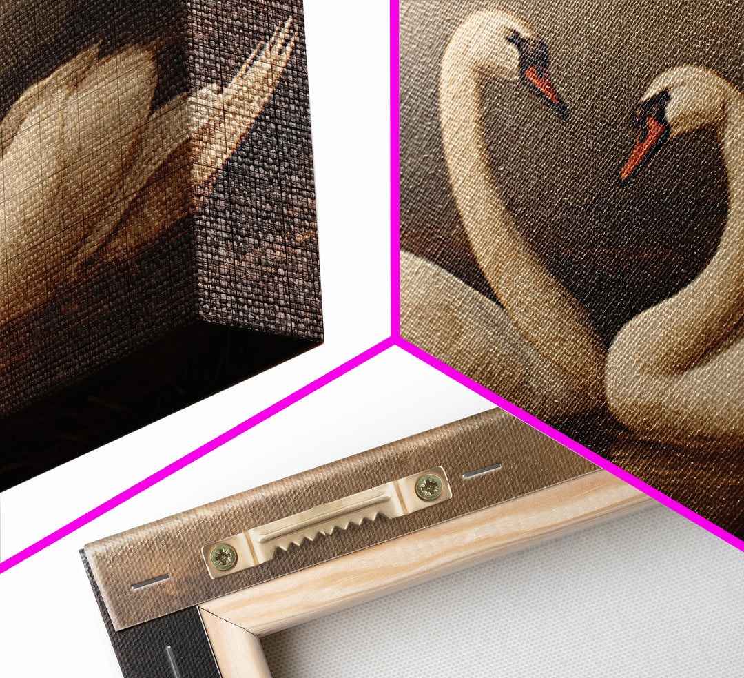 Romantic Swan Pair on Dark Water Framed Canvas Print, Master Bedroom, Farmhouse Wall Decor, Bedroom Decor, Oil Painting, MAS-3x2-91
