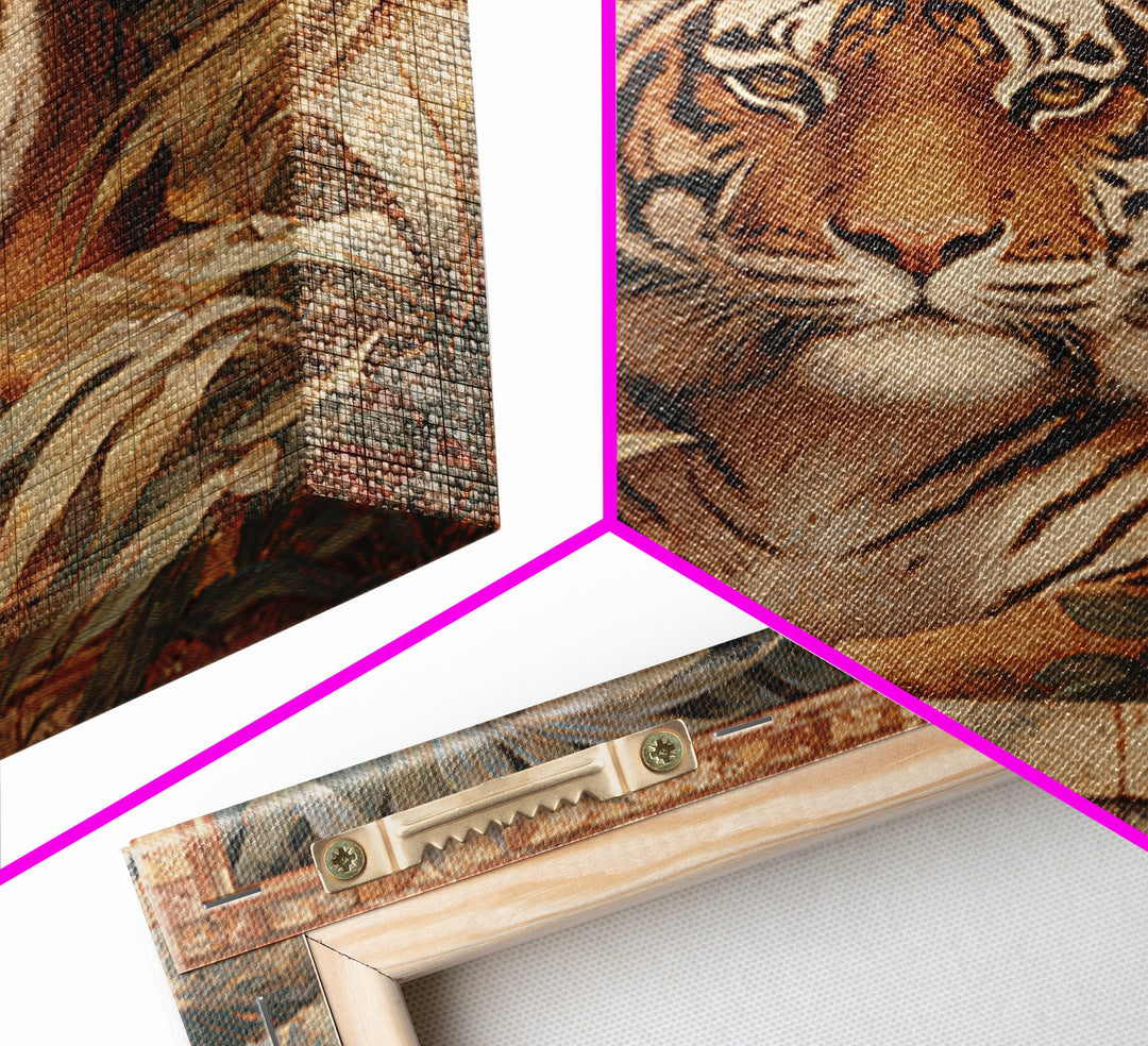 Bold Patterned Tiger Surrounded by Tropical Leaves Canvas Print, Maximalist Art, Moody Wall Art, Living Room Decor, Maximal, MAX-1x1-26