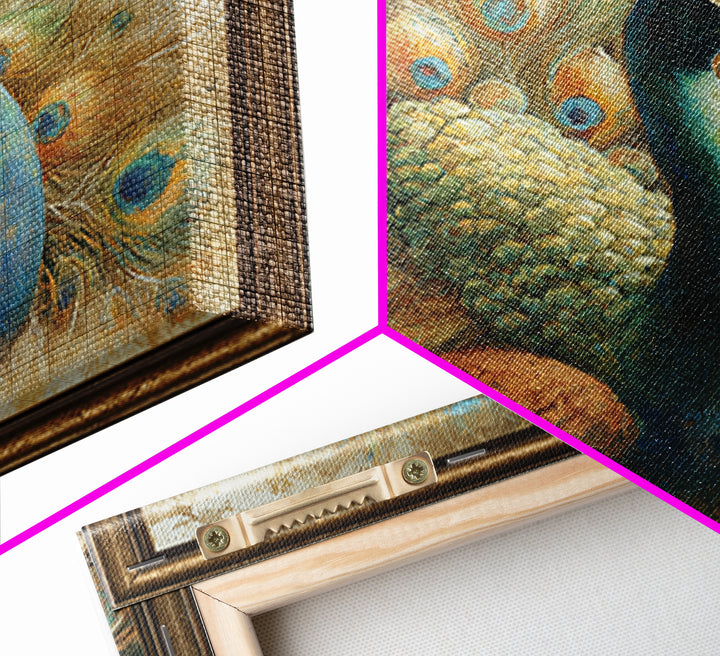 Dramatic Peacock with Oversized Feather Pattern Framed Canvas Print, Maximalist Art, Gallery Decor, Living Room Decor, Maximal, MAX-1x1-32