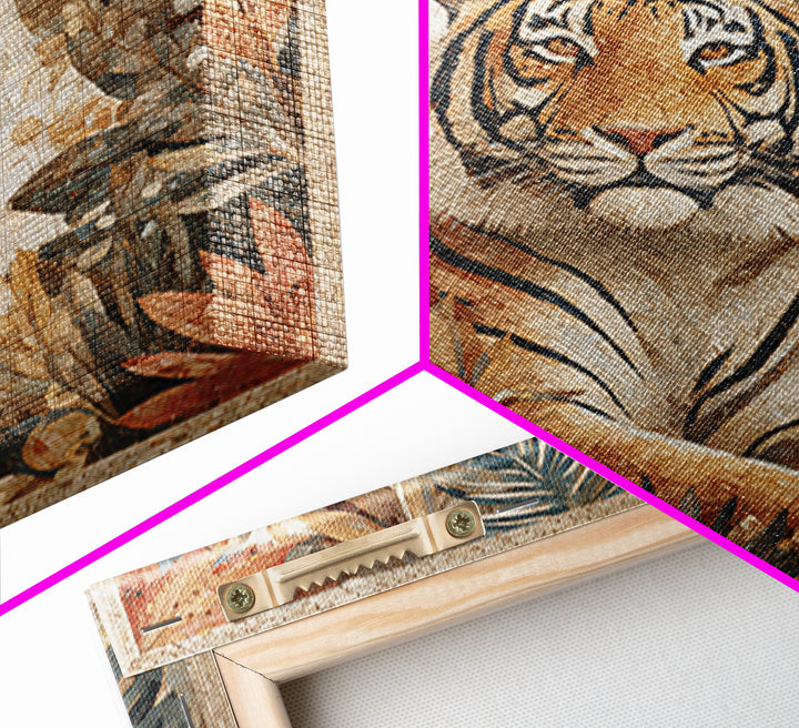 Bold Patterned Tiger Surrounded by Tropical Leaves Canvas Print, Maximalist Art, Textured Painting, Living Room Decor, Maximal, MAX-1x1-98
