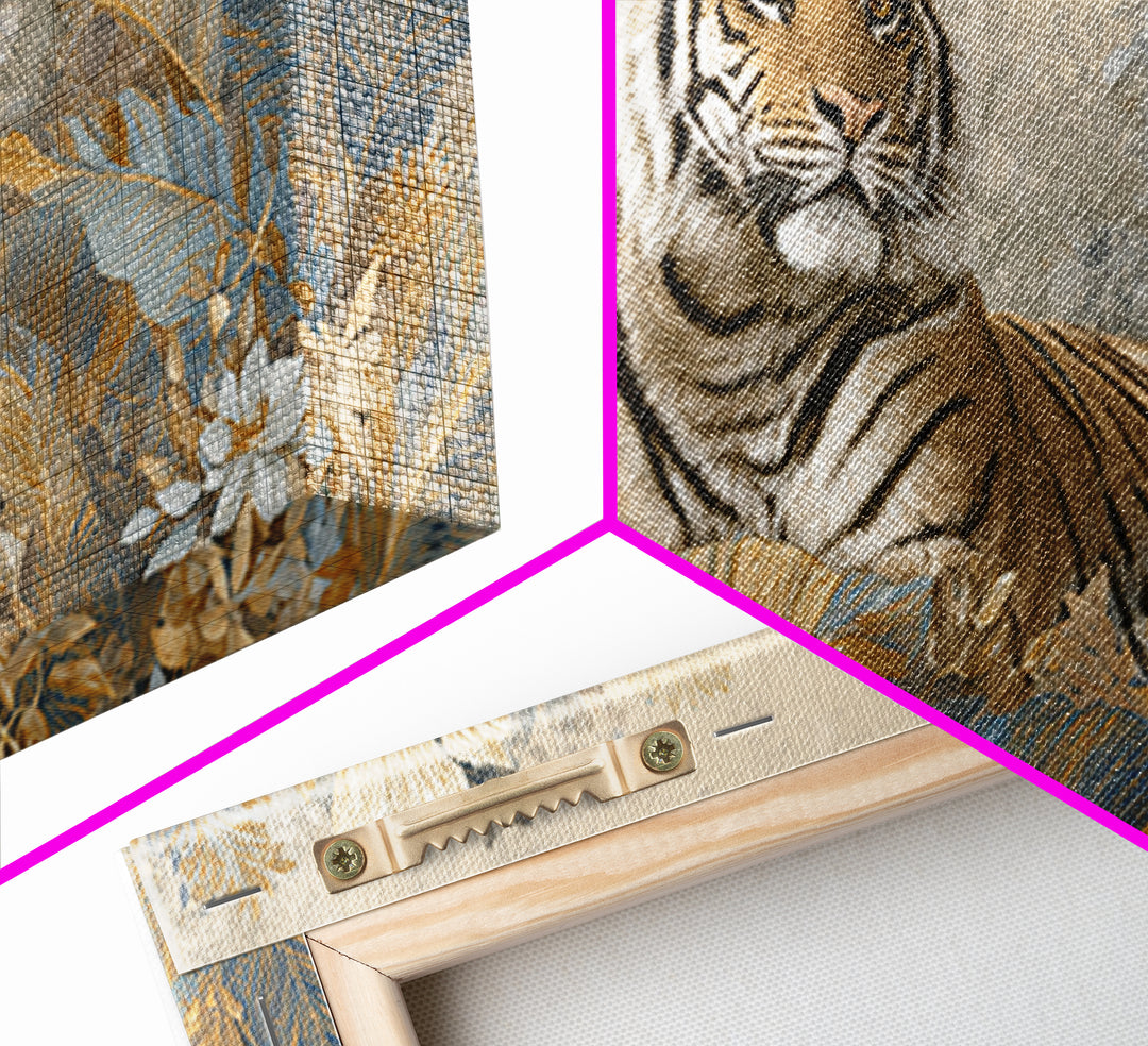 Bold Patterned Tiger Surrounded by Tropical Leaves Canvas Print, Maximalist Art, Textured Painting, Living Room Decor, Maximal, MAX-2x1-22