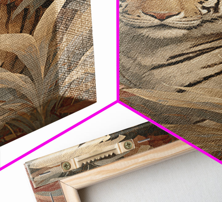 Bold Patterned Tiger Surrounded by Tropical Leaves Canvas Print, Maximalist Art, Art Nouveau, Living Room Decor, Maximal, MAX-2x3-58