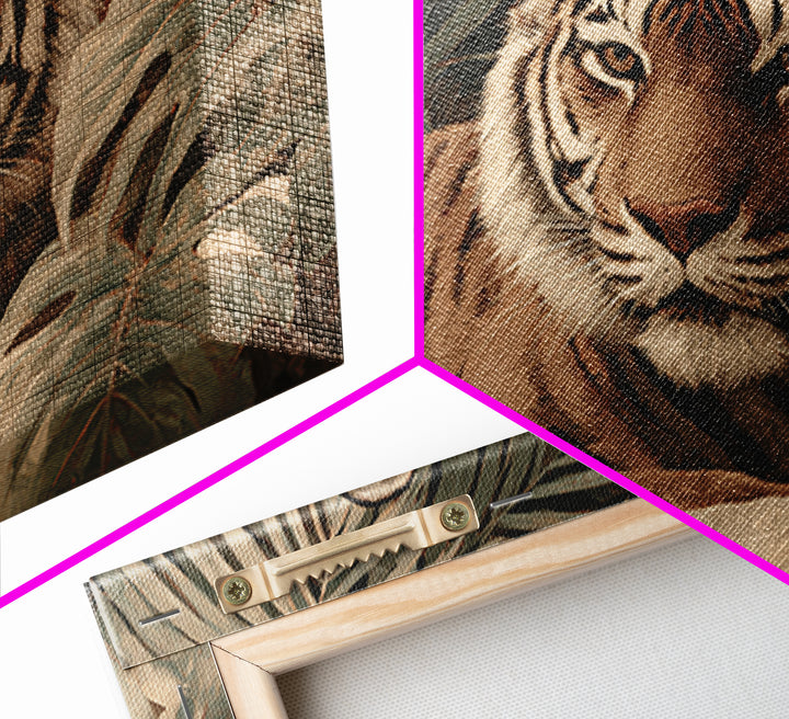 Bold Patterned Tiger Surrounded by Tropical Leaves Canvas Print, Maximalist Art, Modern Wall Art, Living Room Decor, Maximal, MAX-3x2-30