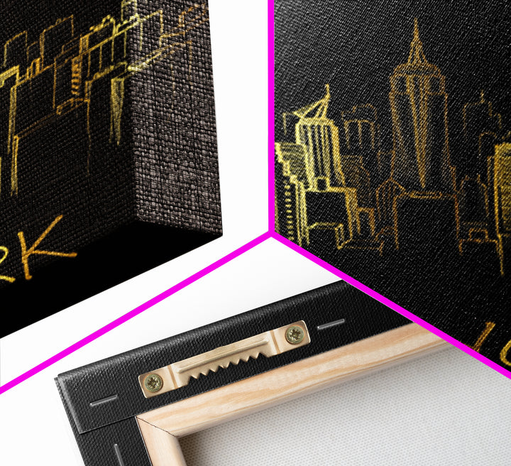 New York Travel Poster, Canvas Print, Gold Outline Poster Art, New York Art Print, Travel Art Print, City Travel Prints, Travel Poster Set