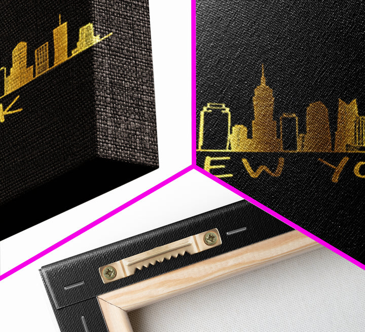 New York Travel Poster, Framed Canvas Print, Gold Outline Poster Art, New York Poster Print, Retro Travel Print, Vintage City Poster