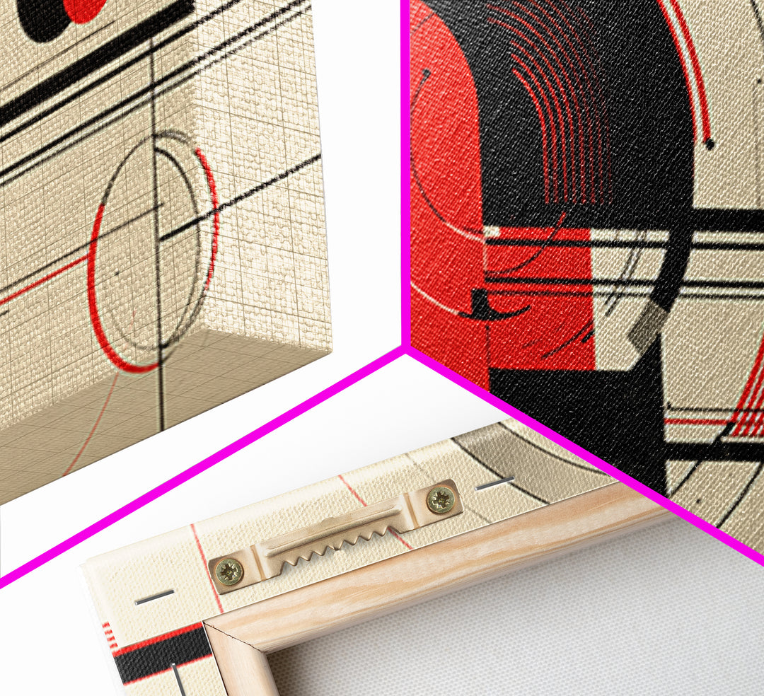 Red Black Circular Abstract Canvas Print, Mid Century Modern Wall Decor, Geometric Bauhaus Poster, Atomic Retro Artwork Print