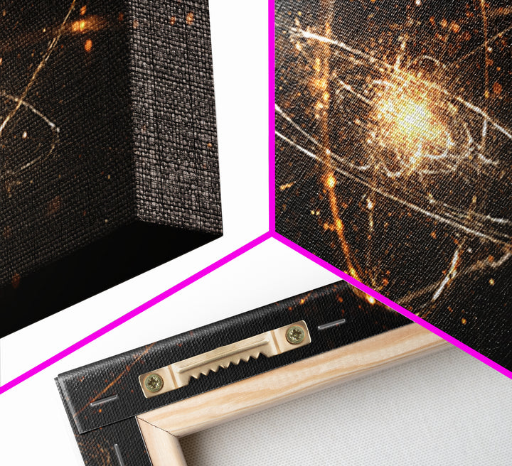 Golden Atomic Orbit Wall Art, Modern Abstract Space Poster, Cosmic Particle Artwork, Black Gold Home Office Decor Print Gift
