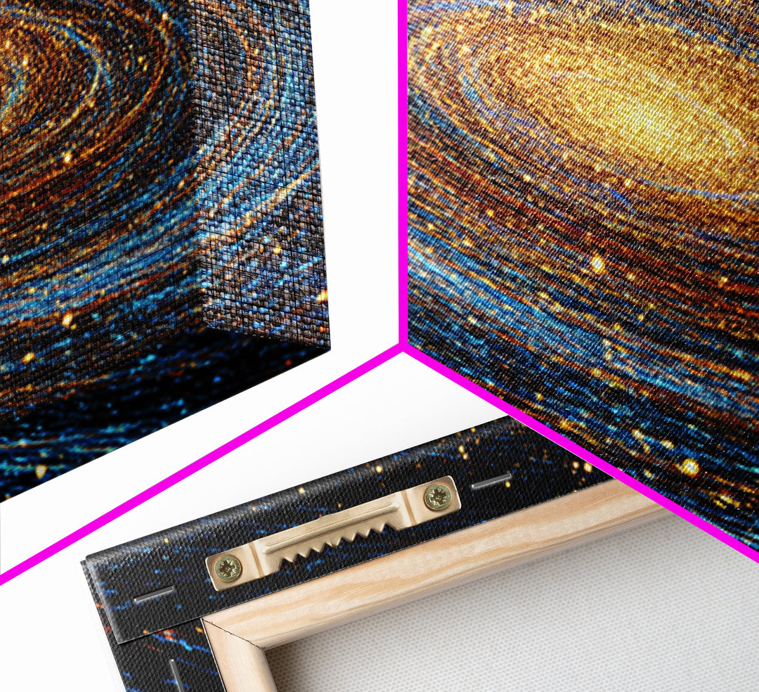 Blue Gold Spiral Galaxy Framed Canvas Print, Cosmic Space Wall Art, Modern Abstract Poster, Large Sci Fi Decor For Living Room