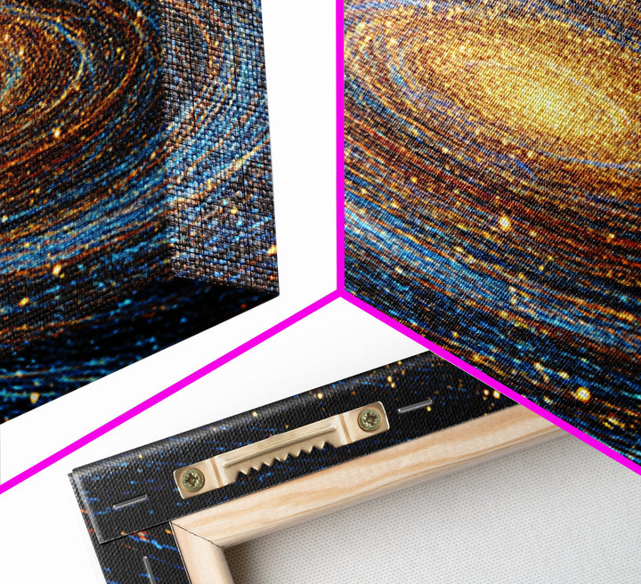 Blue Gold Spiral Galaxy Framed Canvas Print, Cosmic Space Wall Art, Modern Abstract Poster, Large Sci Fi Decor For Living Room