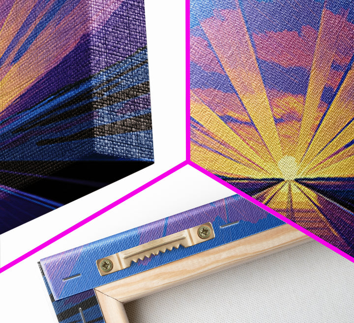 Radiant Road Sunset Canvas Print, Purple Blue Horizon Rays, Retro Travel Poster, Modern Wall Art, Midcentury Decor, Home Office Art