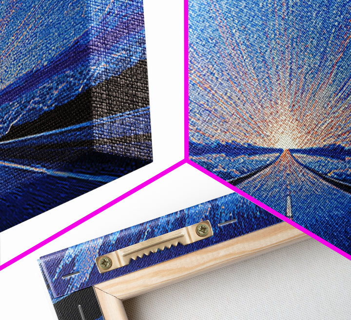 Icy Blue Road Sunrise Wall Art, Winter Horizon Light Burst, Modern Digital Art, Retro Poster, Statement Wall Decor, Home Office Art