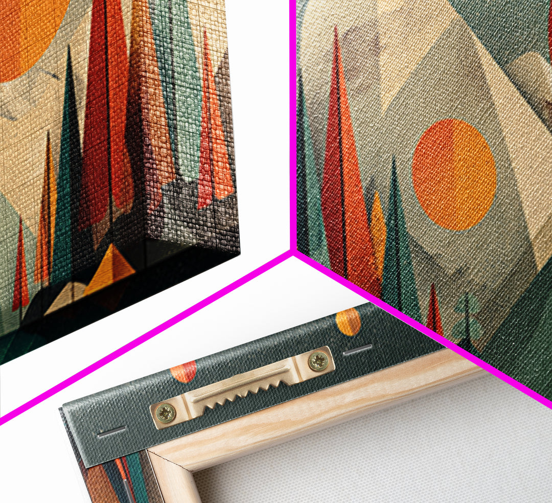Geometric Mountain Forest With Suns Wall Art, Midcentury Modern Art, Abstract Landscape Print, Retro MCM Home Decor, Large Canvas Print