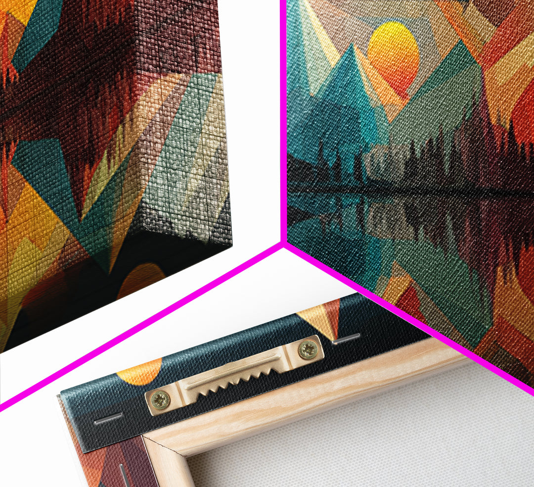 Colorful Geometric Mountain Lake Canvas Print, Midcentury Modern Wall Art, Abstract Landscape Poster, Retro MCM Cabin Home Decor