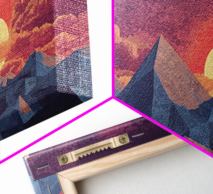 Textured Purple Mountain Sunset Wall Art, Retro Midcentury Modern Landscape Print, Scenic Bedroom Decor, Framed Canvas Print