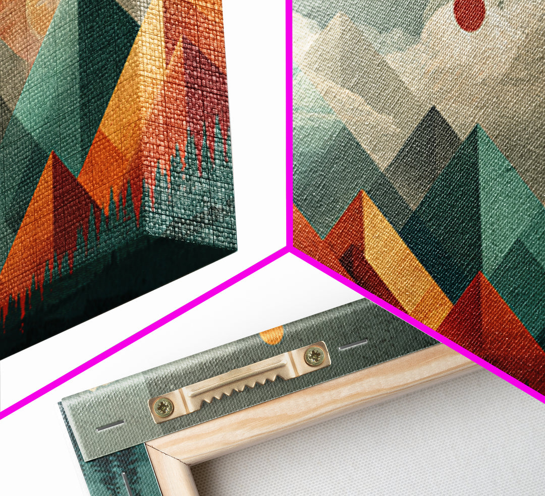 Orange Teal Geometric Mountain Suns Wall Art, Midcentury Modern Abstract Landscape Print, Retro MCM Home Decor, Canvas Print
