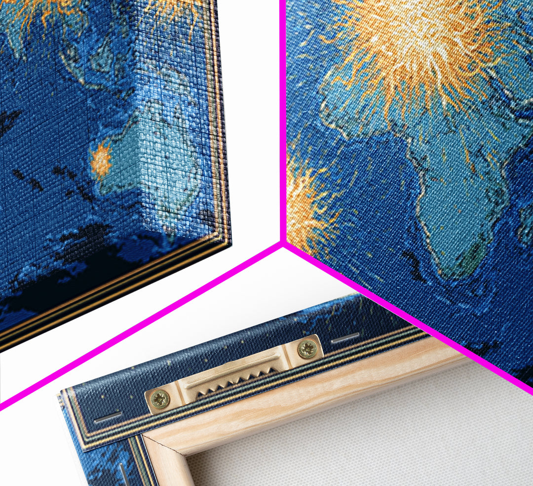 Blue World Map With Orange Network Bursts Wall Art, Modern Global Travel Print, Large Home Office Decor, Framed Canvas Print
