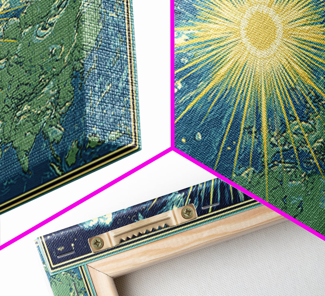Radiant Sunrise World Map Wall Art, Celestial Earth Poster, Midcentury Modern Art Print, Starry Travel Decor For Living Room
