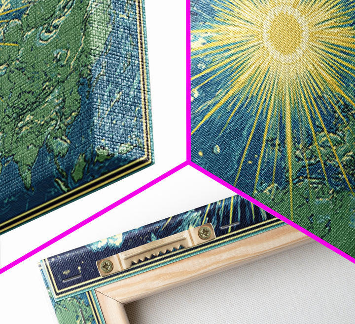 Radiant Sunrise World Map Wall Art, Celestial Earth Poster, Midcentury Modern Art Print, Starry Travel Decor For Living Room